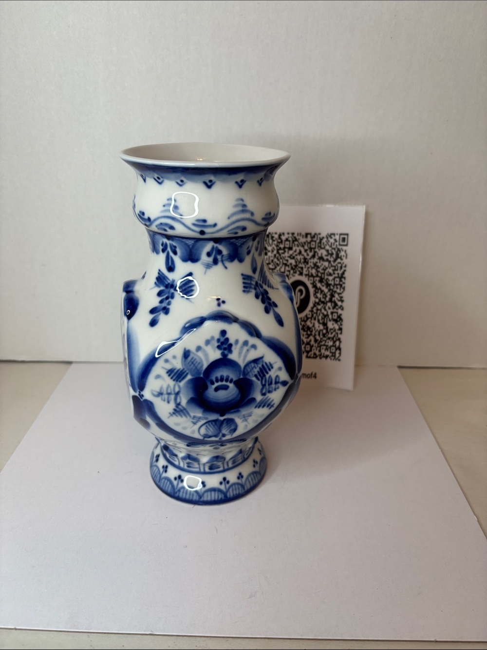 Vintage Russian Gzhel Blue and White Floral Porcelain Vase